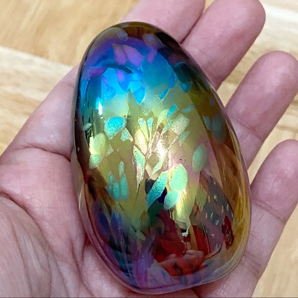Signed Iridescent Murano Style 2-inch Egg Glass Paperweight - Picture 2 of 11